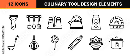 Professional Culinary and Kitchenware Minimalist Monoline Geometric Line Art for Modern Cooking and Gastronomy Design Projects.