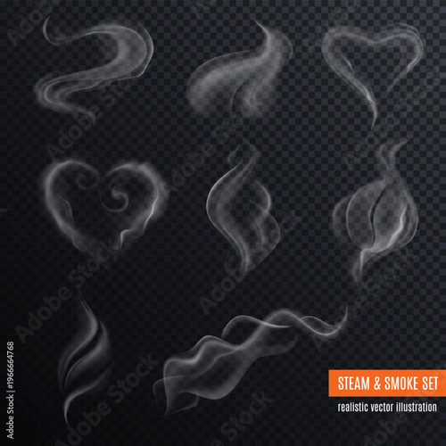 Set of realistic steam and smoke swirls for food and beverage design
