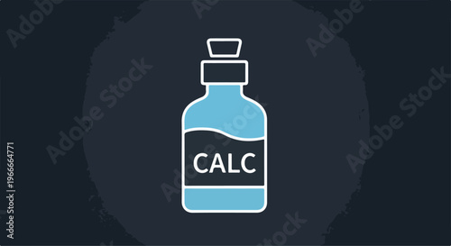 Graphic illustration of a blue bottle labeled CALC on a dark background with a white outline.