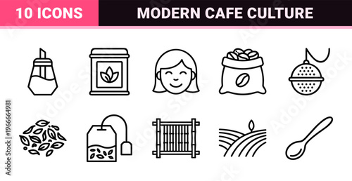 Herbal Tea and Coffee Culture Line Art Graphics Featuring Minimalist Monoline Teapots Cups and Cafe Accessories for Commercial Design Projects