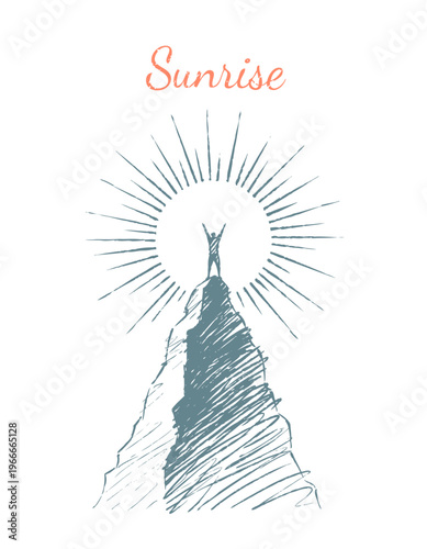 Sunrise Sketch - person on mountain peak with radiant sun illustration