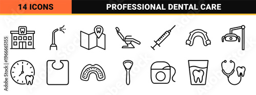 Minimalist Monoline Dental Healthcare Icons Featuring Geometric Line Art Symbols for Stomatology and Oral Hygiene Utility.