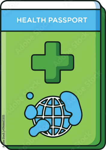 Essential health passport document featuring a prominent medical cross and a globe, representing global health verification and secure travel certification for public safety and international mobility