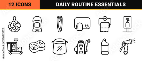 Hygiene and Sanitation Line Symbols featuring Minimalist Monoline Aesthetic for Professional UI Design and Wellness Brand Identity.