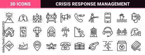 Emergency and Disaster Response Minimalist Monoline Outline Symbols for Public Safety Management and Crisis Communication Systems