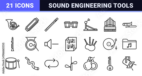 Music and Instruments Minimalist Geometric Line Art Set featuring Professional Audio Symbols and Orchestral Outline Graphics