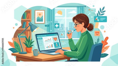 Woman Teleconferencing with Doctor and Checking Temperature