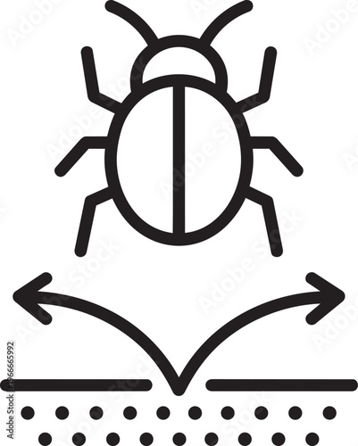 Bug insect hovering above floor with bouncing arrows representing protective chemical barrier repellent line icon vector