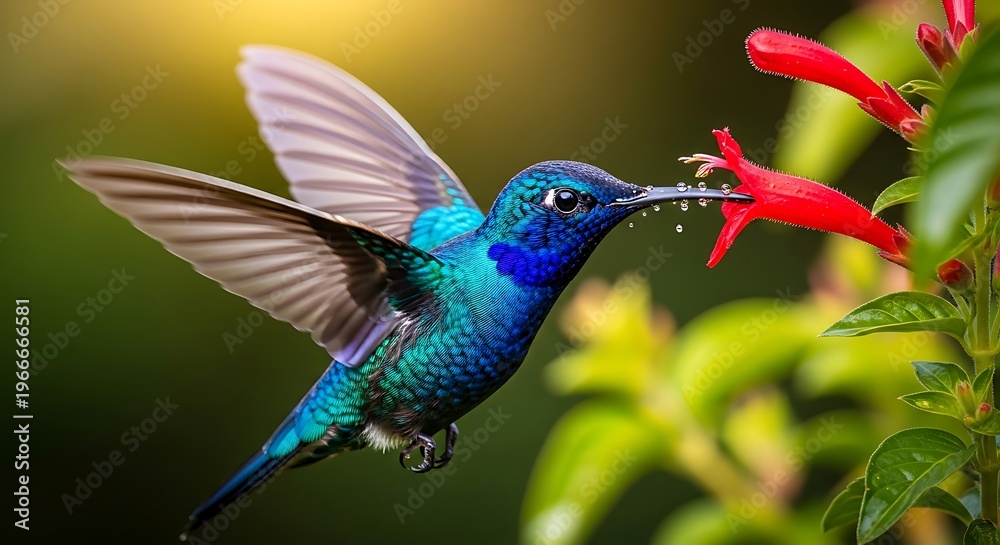 Naklejka premium A vibrant hummingbird in flight, sipping nectar from a bright red flower in a lush green environment.