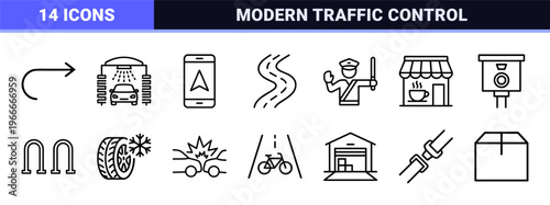 Road Infrastructure and Urban Traffic Management Icon Set - Minimalist Monoline Geometric Symbols for Smart Navigation and Transportation