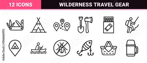 Outdoor Camping and Wilderness Adventure Minimalist Monoline Line Art Set for Professional Travel Branding and Navigation Interfaces
