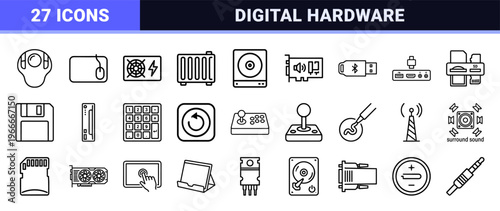 Minimalist Computer Hardware and Peripheral Technology Monoline Outline Icon Set for UI Designers and Creative Agencies