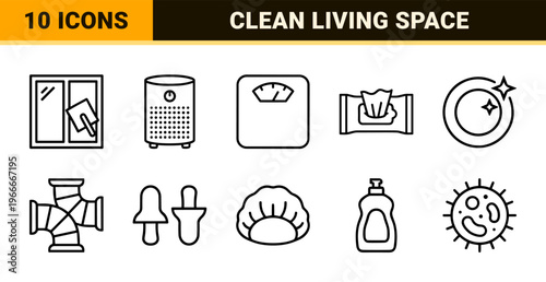 Hygiene and Cleanliness Outline Symbols: Minimalist Geometric Line Art for Sanitation, Public Health, and Facility Maintenance Services