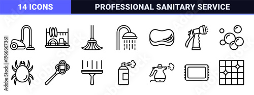 Hygiene and Sanitary Service Linear Symbols Featuring Minimalist Monoline Geometric Line Art for Commercial Cleaning and Housekeeping