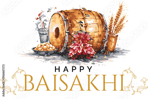 Happy Baisakhi Festival Poster with Traditional Dhol, Wheat and Punjabi Celebration Elements