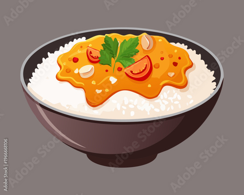 Bowl of rice topped with thick savory curry and garnished with fresh green herbs and vegetables - Vector Illustration