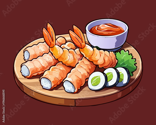 Crispy fried shrimp tempura served on a wooden plate with spicy dipping sauce and fresh garnish - Vector Illustration