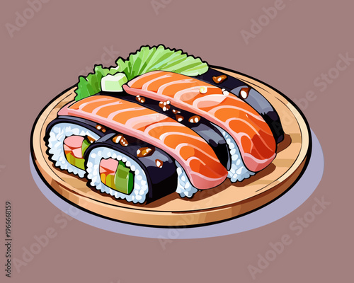 Assorted sushi platter featuring salmon nigiri and california rolls with traditional ginger and wasabi garnish - Vector Illustration