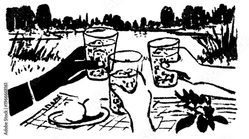 Drinks in glasses clink together outdoors. Simple black and white vector illustration captures a cheerful gathering in a scenic setting.