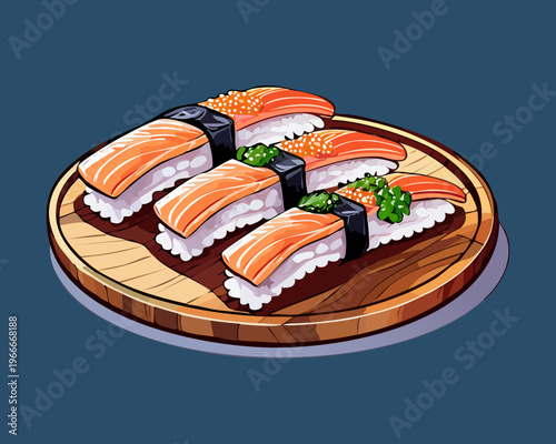 Fresh salmon nigiri sushi pieces arranged on a dark wooden board with traditional japanese dipping sauce - Vector Illustration