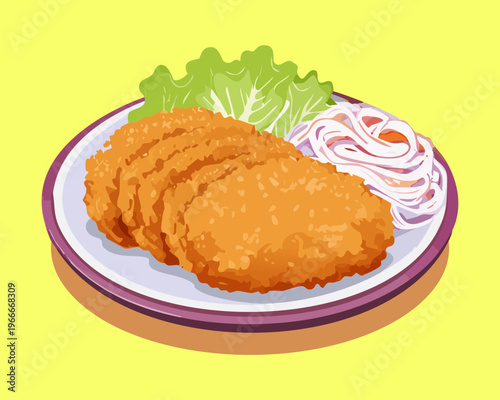 Golden brown fried cutlets served on a plate with fresh salad and sliced red onions - Vector Illustration