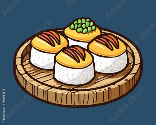 Round sushi bites topped with grilled salmon and creamy sauce served on a wooden platter - Vector Illustration