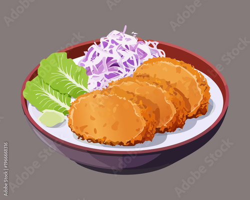 Crispy deep fried katsu cutlet served with fresh shredded cabbage and purple onion in a bowl - Vector Illustration