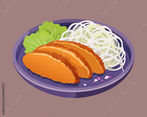 Slices of fried meat cutlets served in a bowl with fresh cabbage and side salad - Vector Illustration