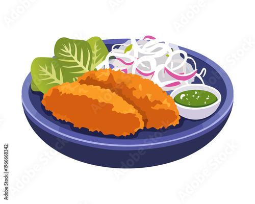 Crispy golden fish cutlets served with fresh salad and spicy green dipping sauce in a bowl - Vector Illustration