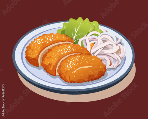 Savory meat cutlets breaded and fried to perfection served with fresh side salad on plate - Vector Illustration