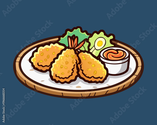 Golden fried snacks served on a wooden plate with fresh garnish and spicy dipping sauce - Vector Illustration