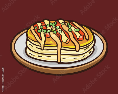Stack of savory pancakes topped with sauce and green onions served on a wooden board - Vector Illustration