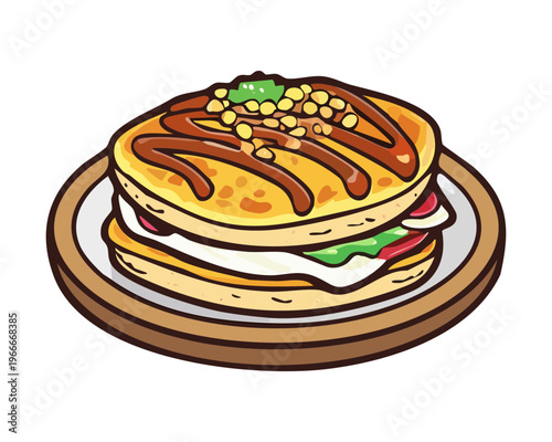 Traditional japanese okonomiyaki pancake with savory sauce and mayonnaise drizzle on a wooden plate - Vector Illustration
