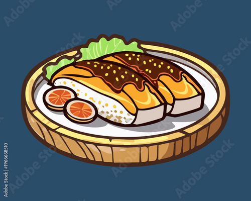 Slices of roasted meat served on a wooden board with fresh salad and savory sauce - Vector Illustration