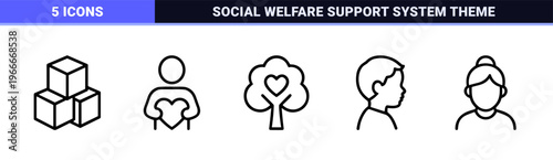 Minimalist Family Line Art Icons for Community Support and Parental Care Featuring Clean Geometric Outline Symbols on Grid