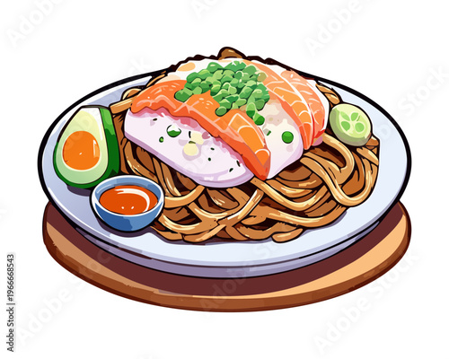 Delicious noodle bowl topped with soft boiled egg and grilled meat for a hearty meal - Vector Illustration