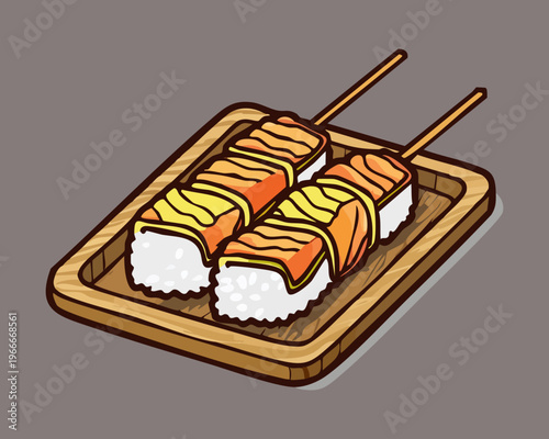 Platter of assorted yakitori skewers with grilled meat and savory sauce on a board - Vector Illustration