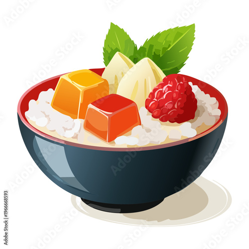 Healthy bowl of fruit salad with mixed melon cubes and fresh mint garnish - Vector Illustration
