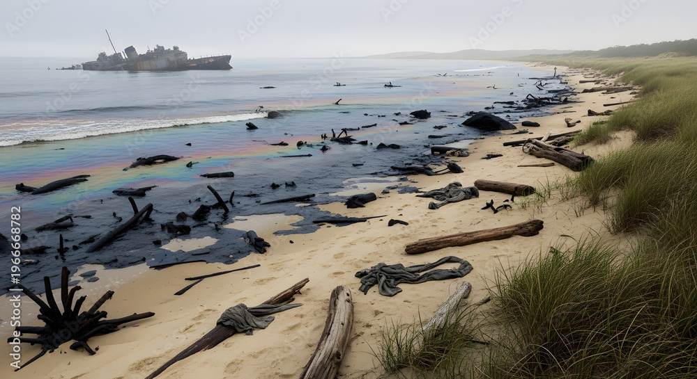 Fototapeta premium Environmental disaster Oil spill pollutes a sandy beach with a shipwreck in the distance