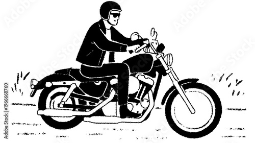 Motorcycle rider wearing a helmet and jacket. Simple black illustration depicting a classic bike design in a vector style.