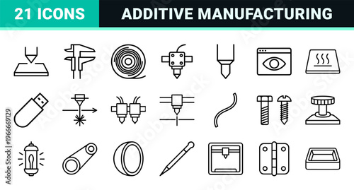 3D Printing and Additive Manufacturing Technical Icons Featuring Minimalist Monoline Geometric Outlines for Engineering and Prototyping.