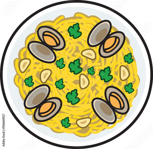 Italian Spaghetti Alle Vongole with Clams, Garlic and Parsley on White Plate
