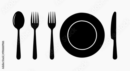 Minimalist Cutlery and Tableware Icon Set – Flat Black Silhouette Vector