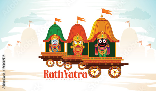 Jagannath Rath Yatra Festival Illustration With Three Traditional Chariots and Decorative 