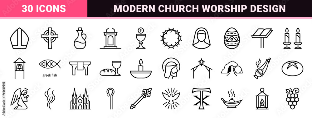 Fototapeta premium Christian Religious Symbols and Liturgical Elements in Minimalist Monoline Aesthetic for Modern Worship and Theology Design Projects.