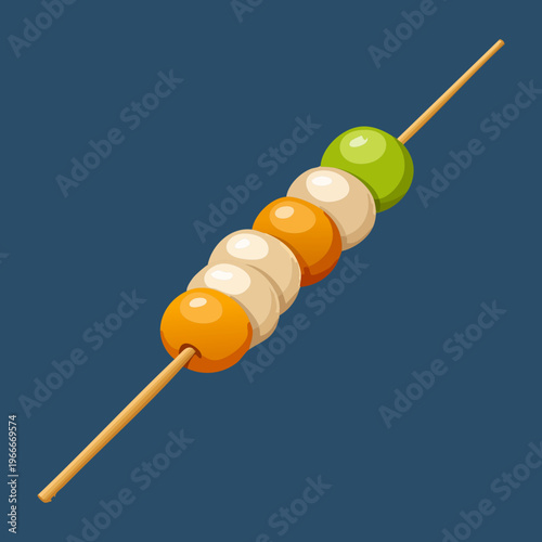 Multi-colored Japanese dango stick with green and orange rice balls for traditional Asian confectionery shop menu - Vector Illustration