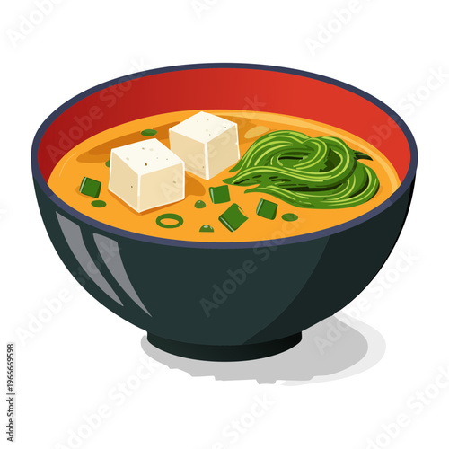 Hot bowl of miso soup with tofu and green onions for comforting Japanese cuisine and dining experience - Vector Illustration