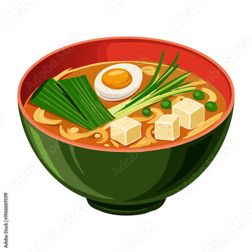 Delicious ramen noodle soup with boiled egg tofu and seaweed for authentic Japanese restaurant food graphic - Vector Illustration