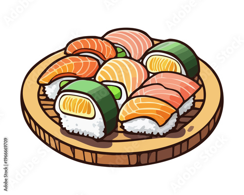 Assorted nigiri sushi platter with salmon and tuna for authentic Japanese culinary experience and menu design - Vector Illustration