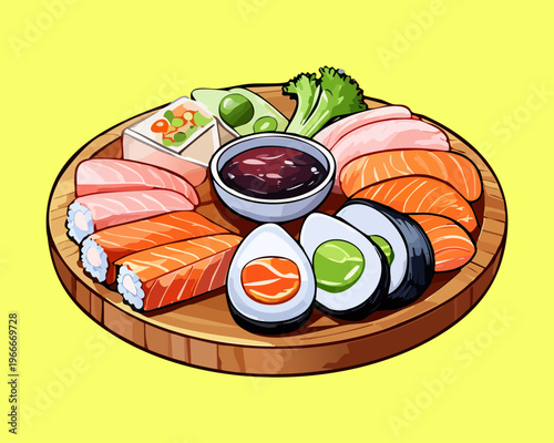 Deluxe sushi and sashimi platter with various fish cuts for Japanese fine dining and seafood restaurant menu - Vector Illustration